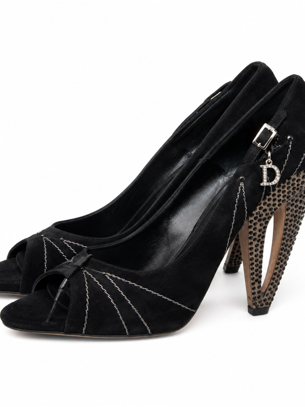 💯 Authentic Christian Dior Black Suede Peep Toe Heels with Studded Heel & Dior C - Picture 5 of 7